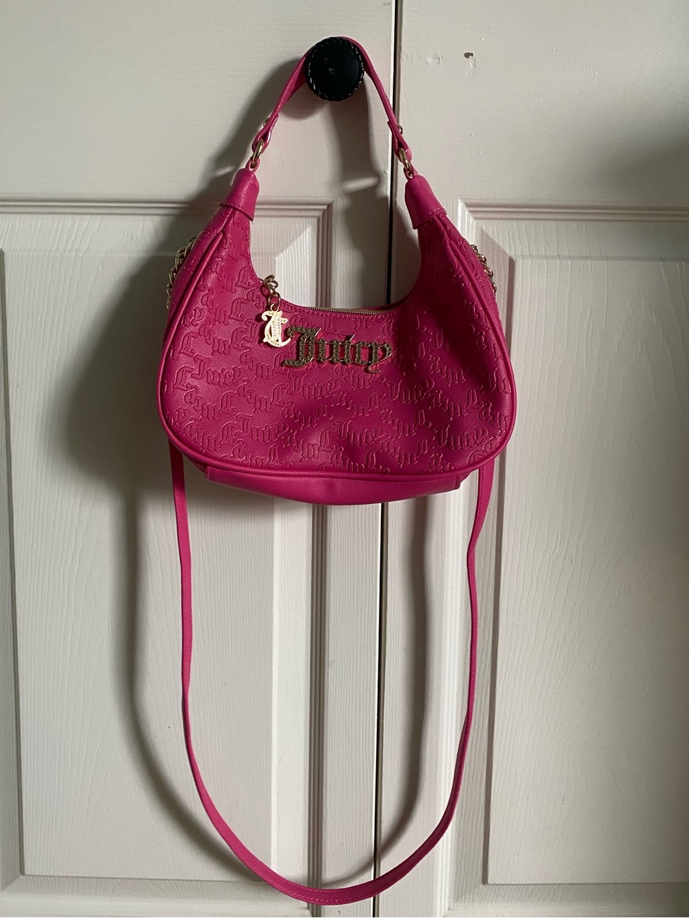 Juicy Couture Bright Pink Embossed Shoulder Bag with Gold Accent